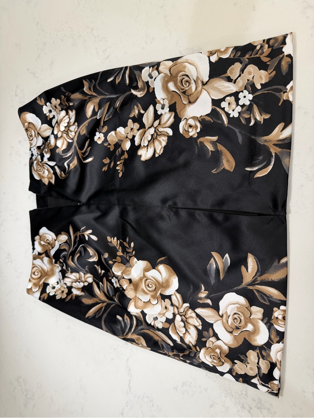 White House Black Market Black Satin Mini Skirt with Beige Floral Print - Picture 4 of 16